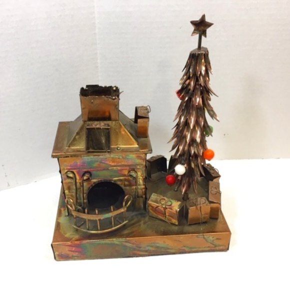 VTG Copper Christmas Spinning Tree/Fireplace w/out Lantern Table Decor Music - Picture 1 of 8